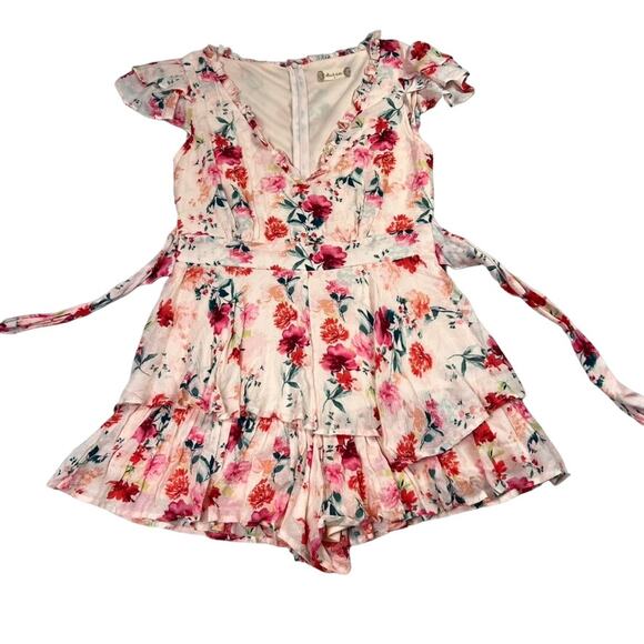 Altered State Pants - Altar’d State Romper Shorts Womens Small Pink floral Tiered Ruffled Tie V Neck